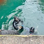 Karşıyaka Vapur İskelesi altında mahsur kalan kedi kurtarıldı