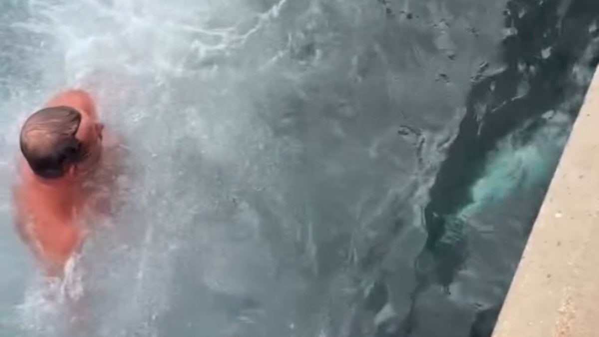 Edirne’de soğuk havaya aldırmadan suya girip orkinosu karaya çıkardı