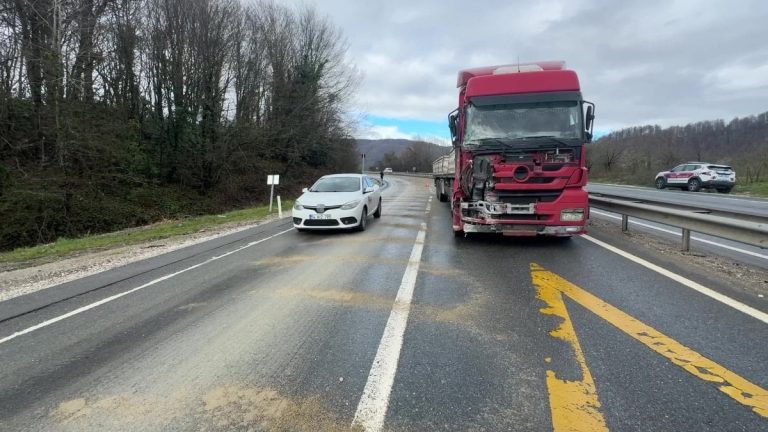 Düzce-Akçakoca yolunda makas atan tır, trafiği durdurdu
